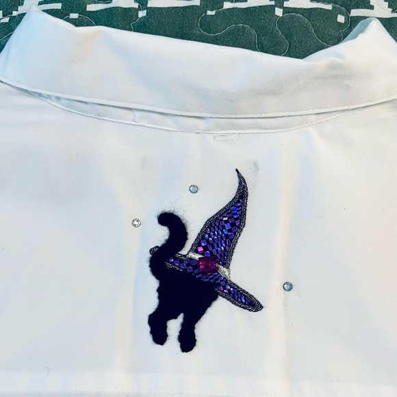 Vintage Karen Scott Halloween Themed Embroidered White Button Down Shirt XL - Picture 8 of 9